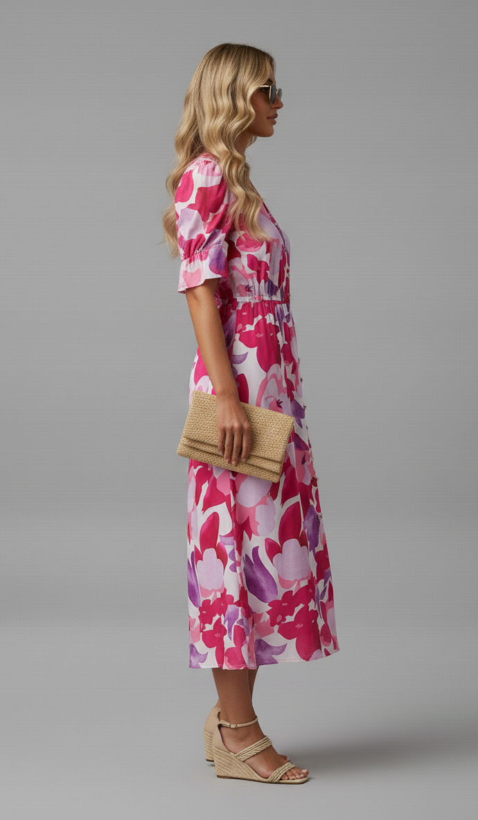 Puff Sleeve Watercolor Midi Dress