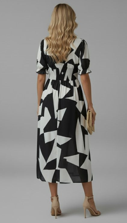 Puff Sleeve Watercolor Midi Dress