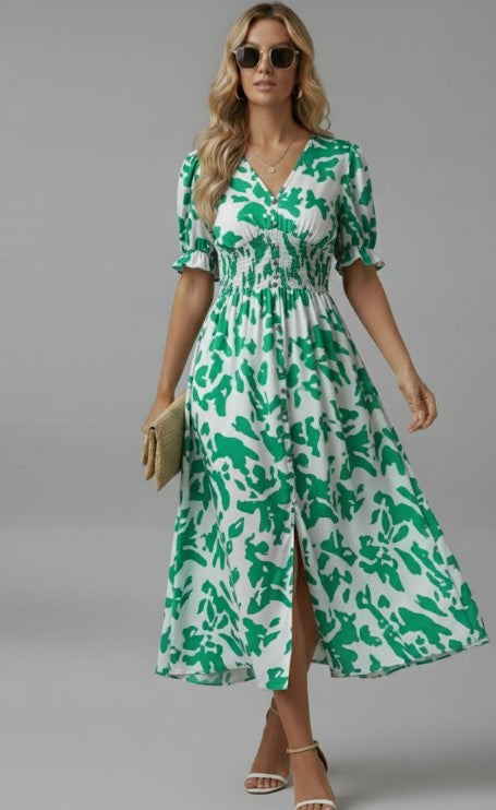 Puff Sleeve Watercolor Midi Dress