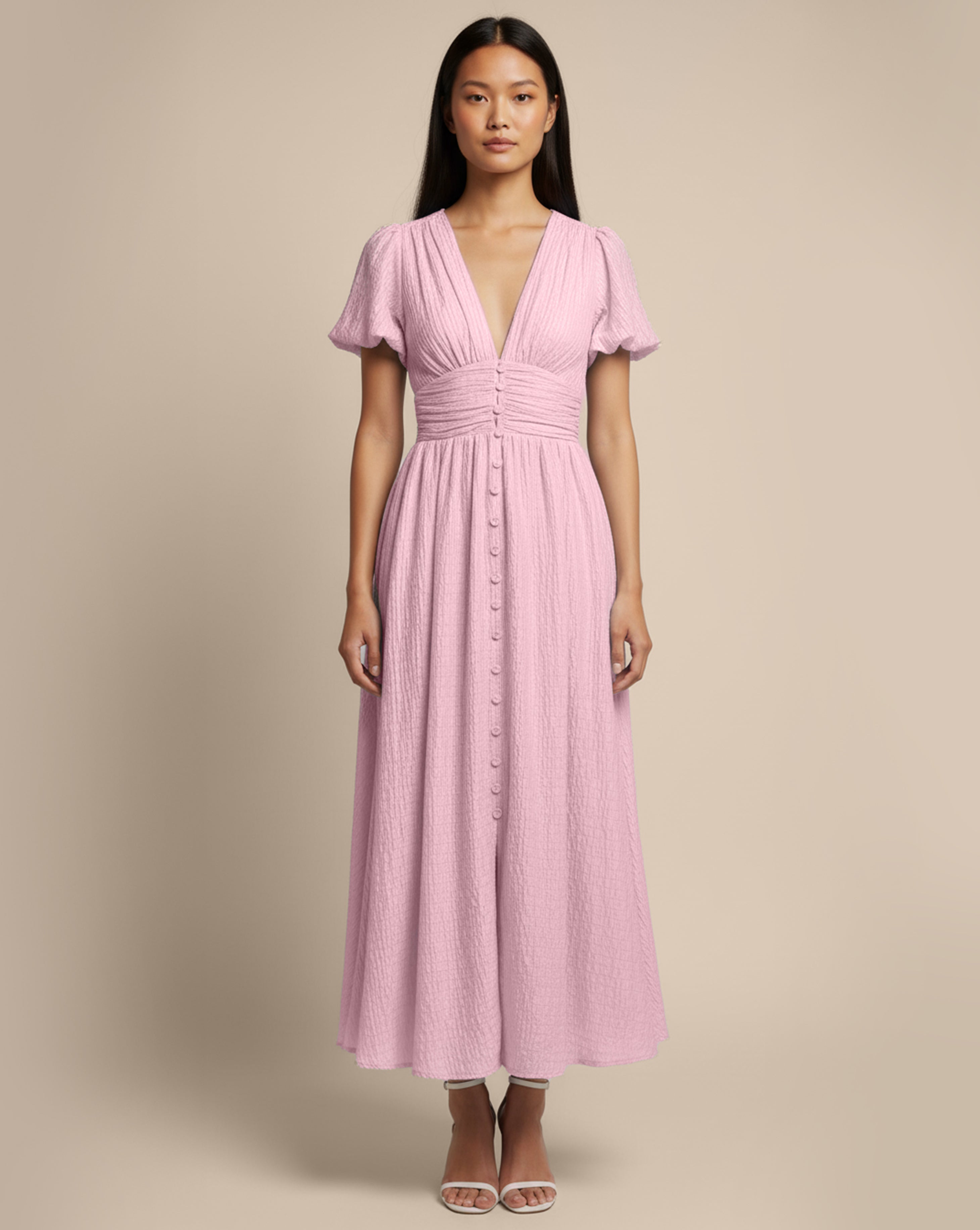 Soft Buttoned V-Neck Midi Dress