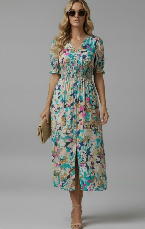 Puff Sleeve Watercolor Midi Dress