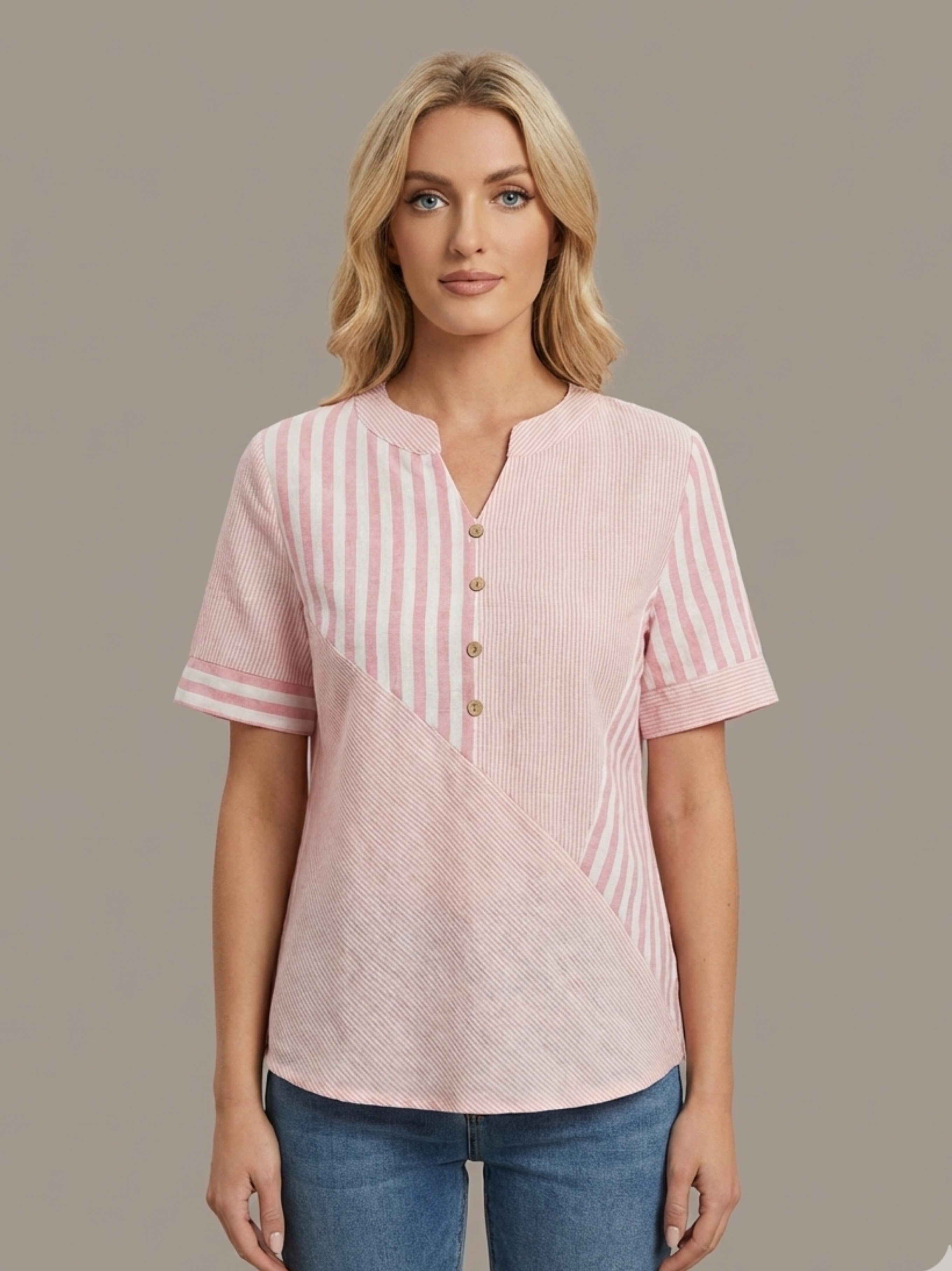 Striped Button Front Short Sleeve Blouse