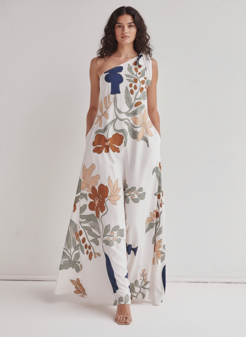 One-Shoulder Printed Maxi Dress