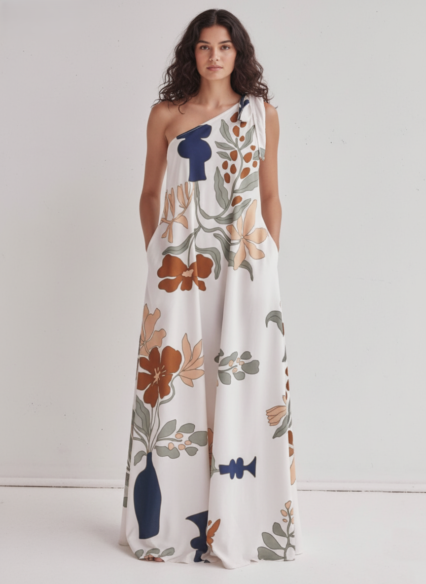 One-Shoulder Printed Maxi Dress
