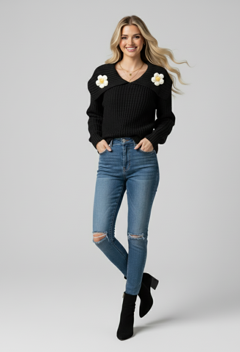 Daisy Collar Knit Crew Sweater