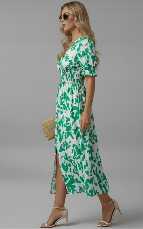 Puff Sleeve Watercolor Midi Dress