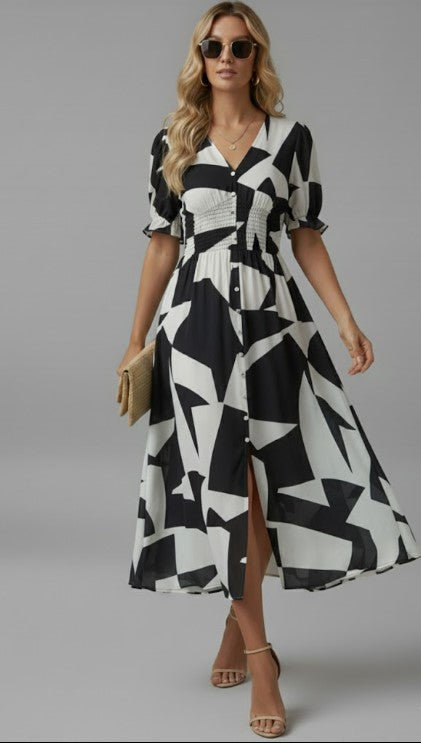 Puff Sleeve Watercolor Midi Dress