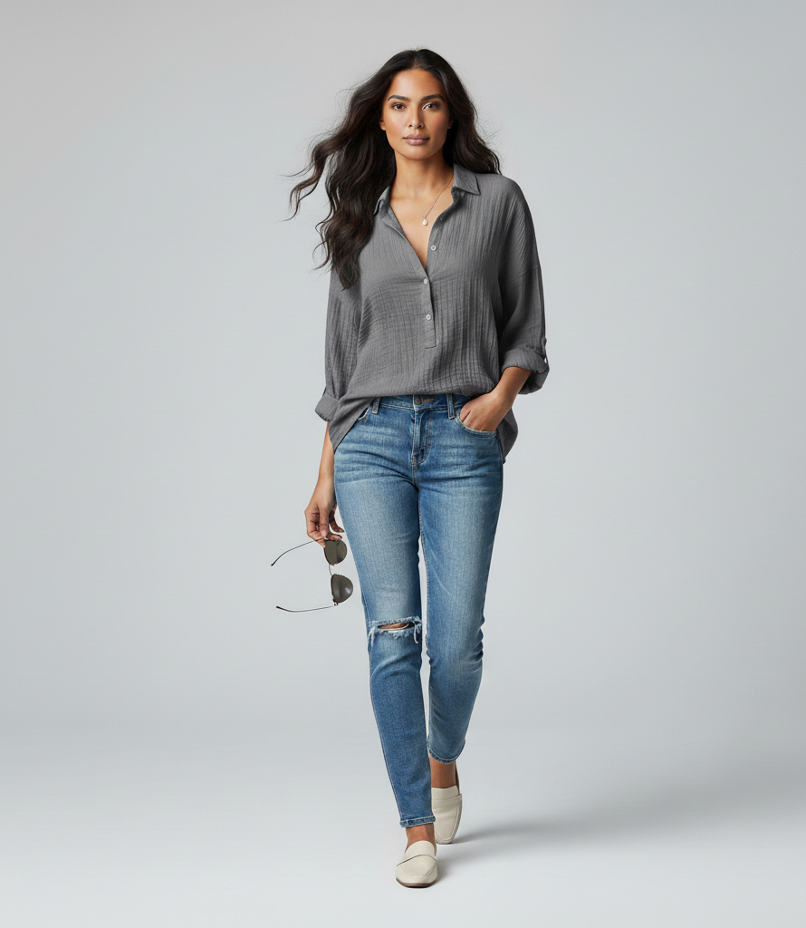 Drape Front V-Neck Long Sleeve Blouse