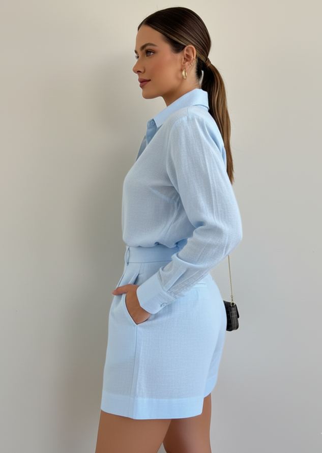 Long Sleeve Button Shirt and Tailored Shorts Set