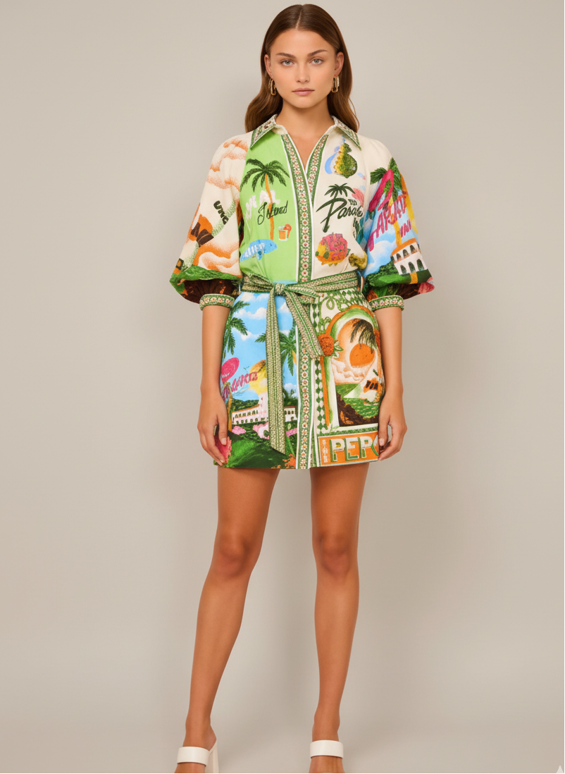 Printed Collared Belted Mini Dress