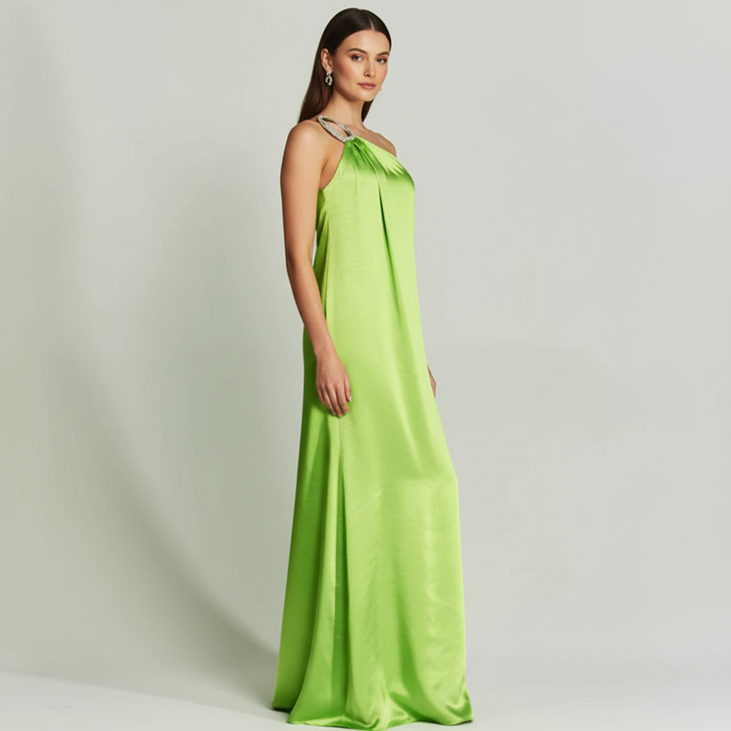 Satin One-Shoulder Metallic Maxi Dress