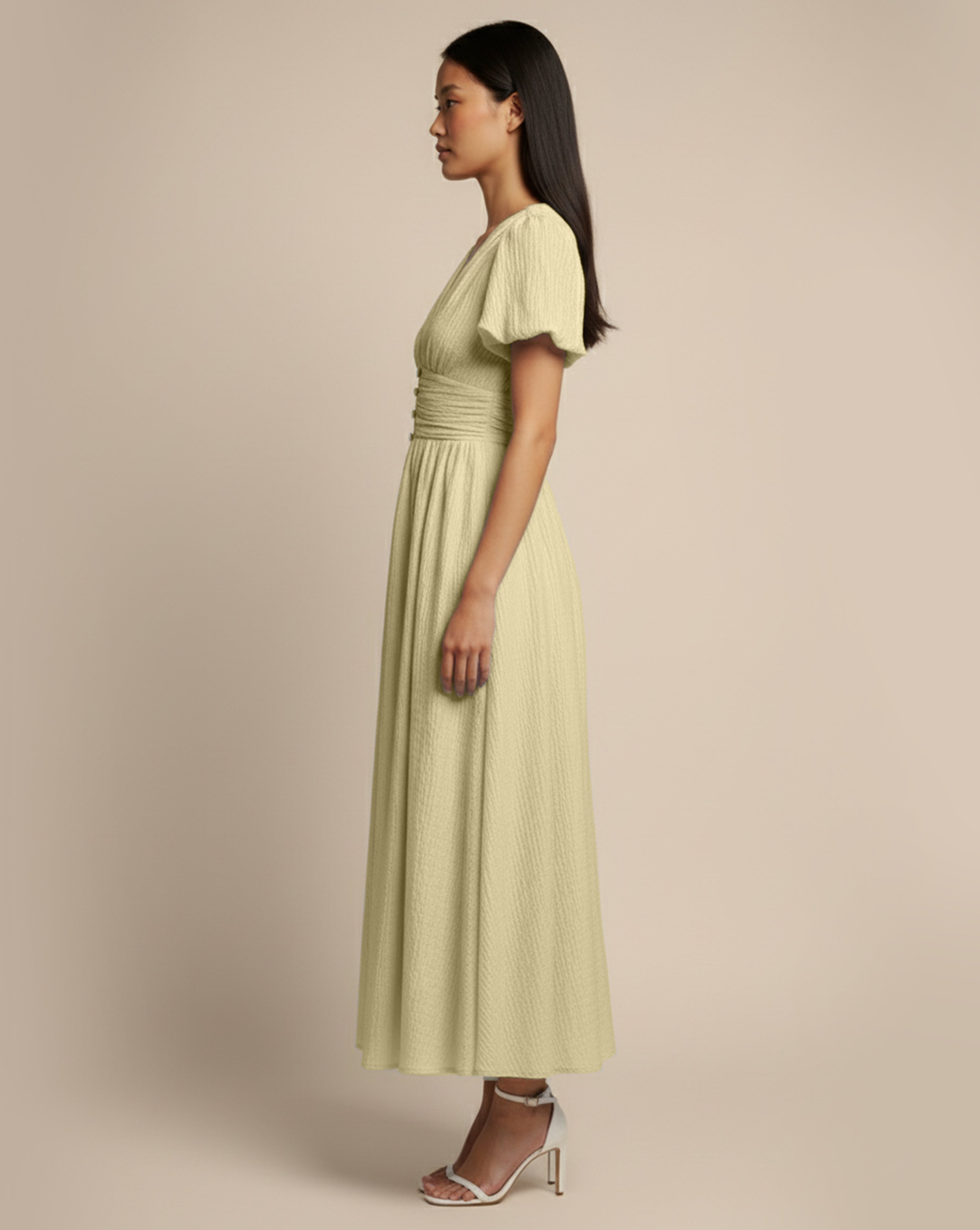 Soft Buttoned V-Neck Midi Dress