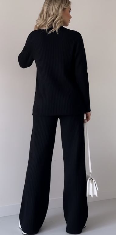 Turtleneck Knit Top and Wide Leg Pants Set