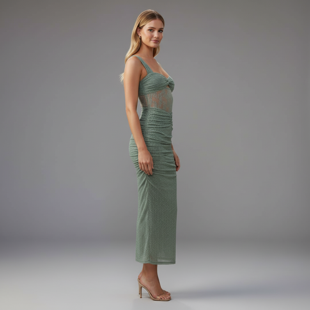 Ruched Mesh Maxi Dress