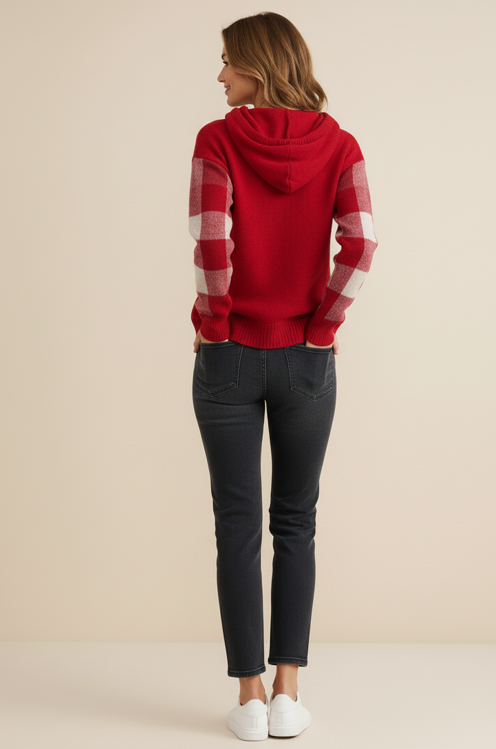 Plaid Sleeve Hooded Knit Sweater