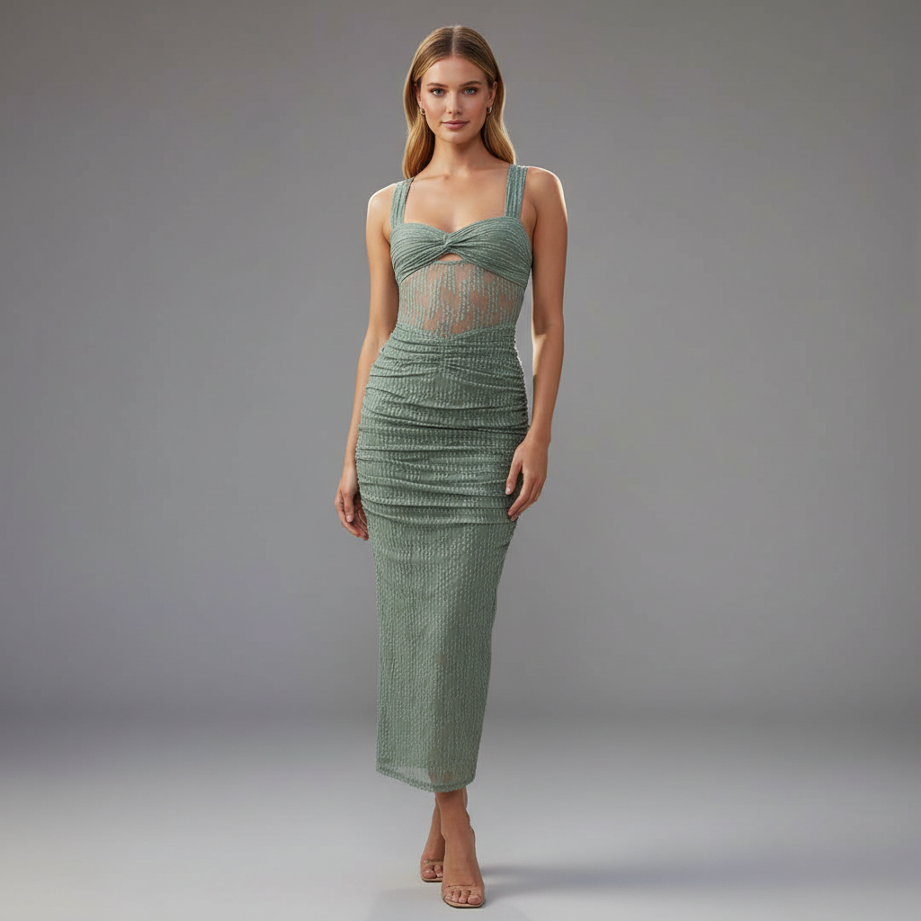 Ruched Mesh Maxi Dress