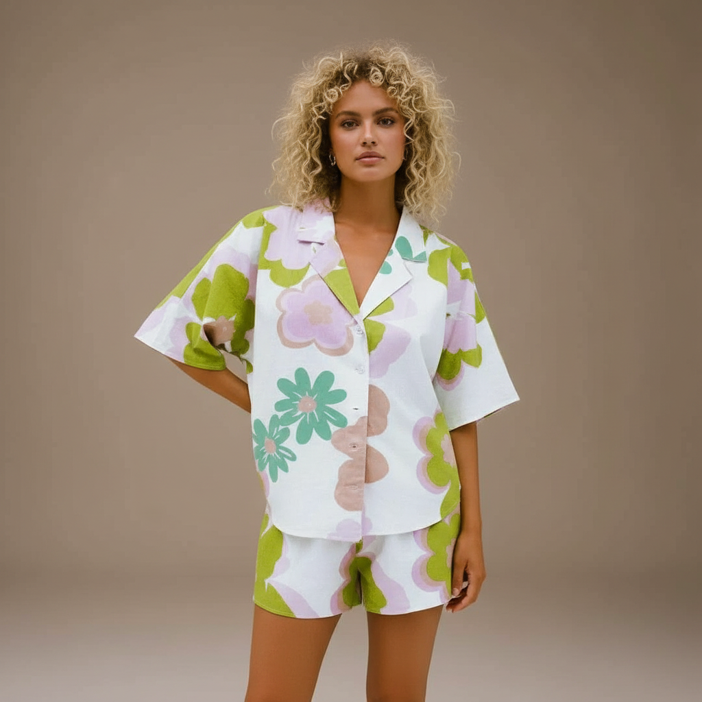 Short Sleeve Button Shirt and Linen Shorts Set