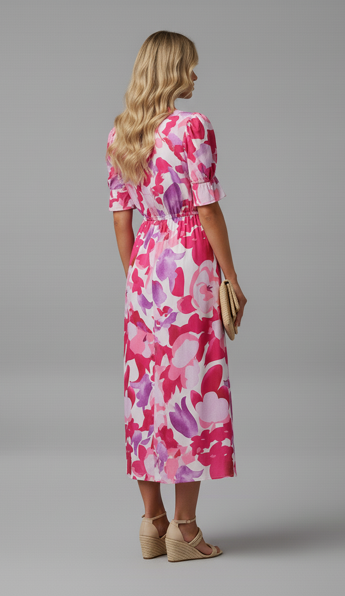 Puff Sleeve Watercolor Midi Dress