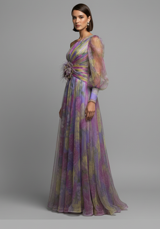 One-Shoulder Floral Tulle Gown