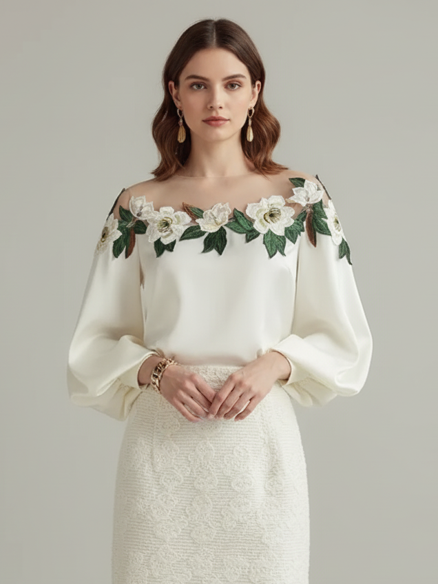 Off Shoulder Long Sleeve Pleated Blouse