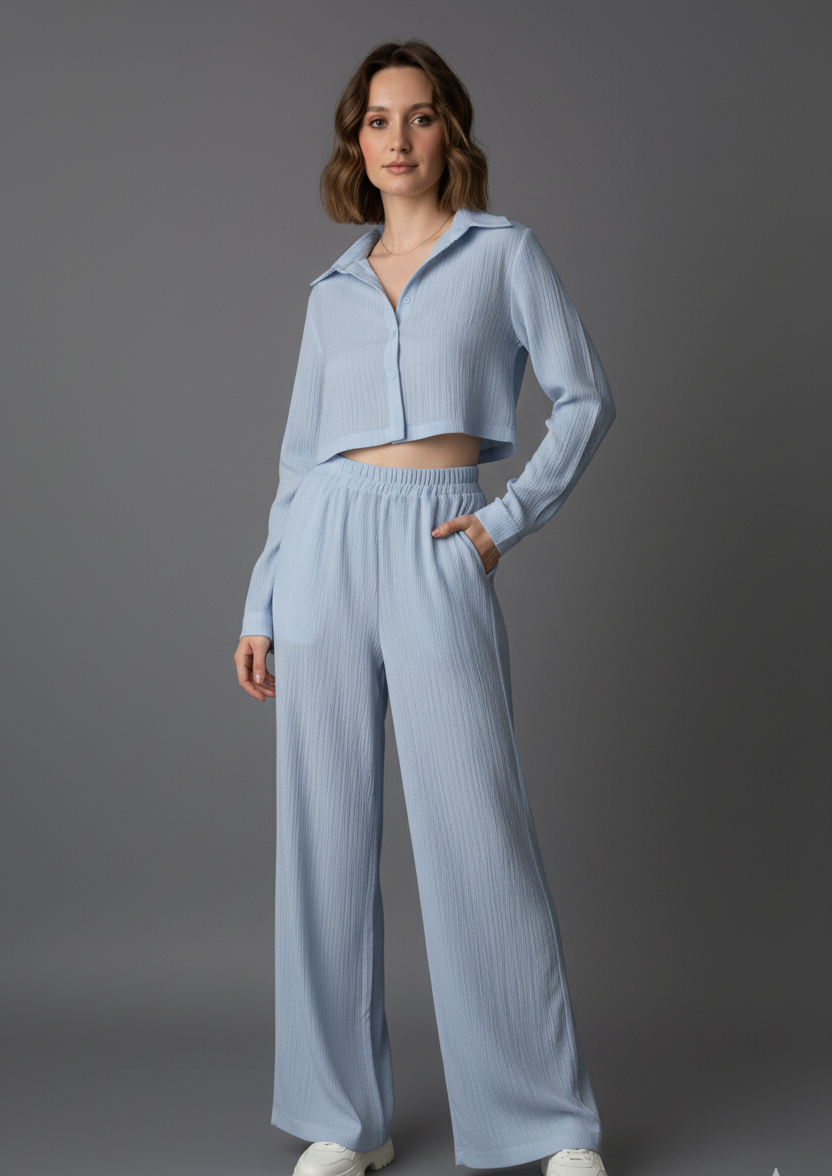 Cropped Long Sleeve Shirt and Relaxed Fit Pants Set