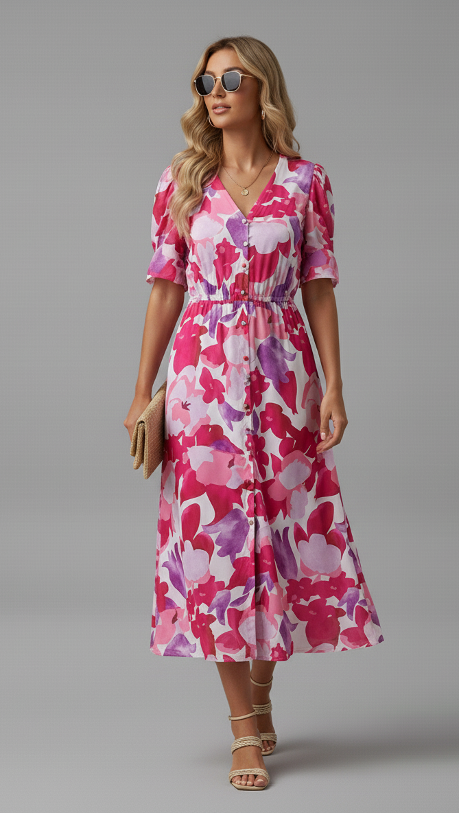 Puff Sleeve Watercolor Midi Dress