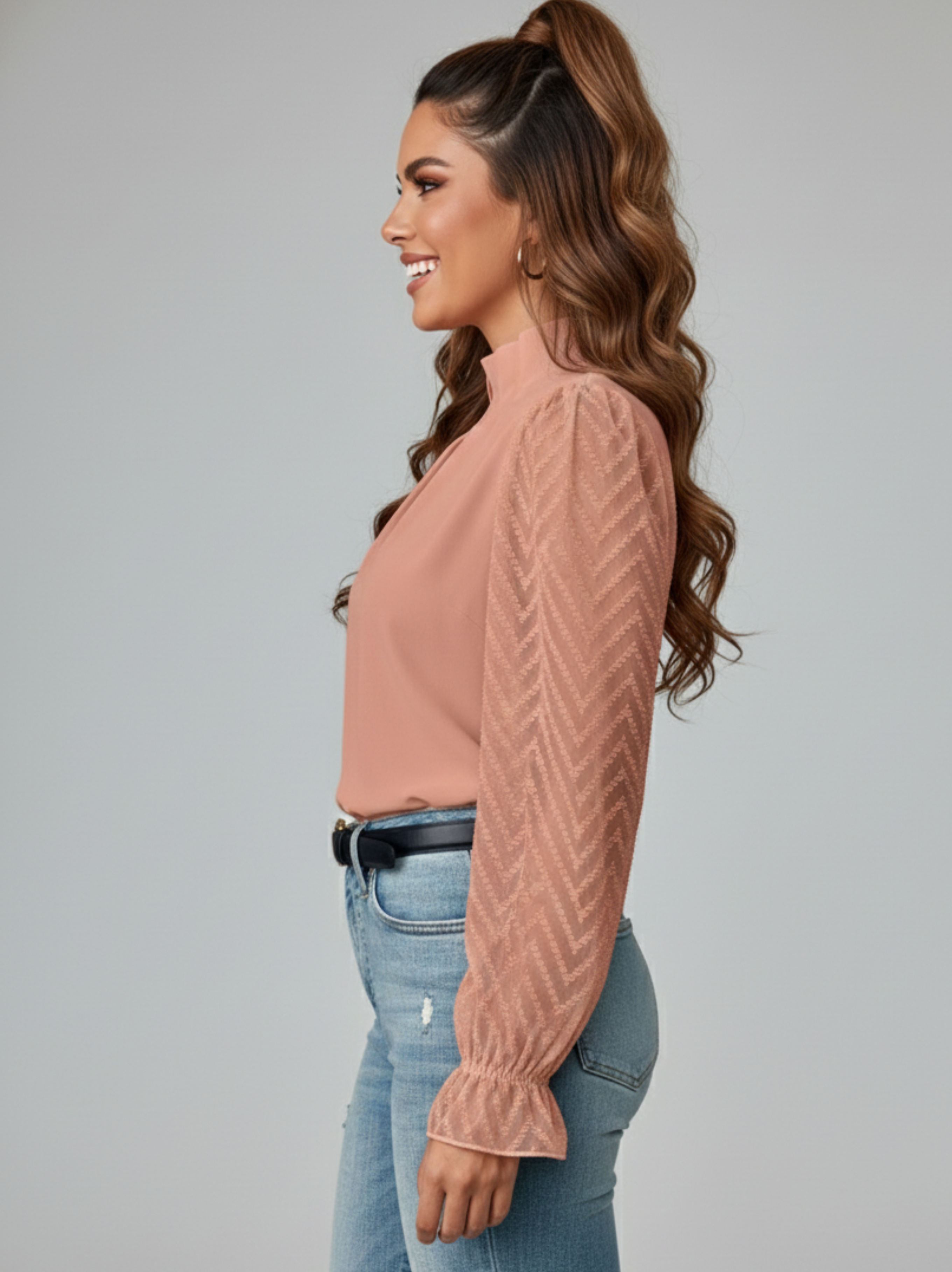 High Neck Long Sleeve Chiffon Blouse