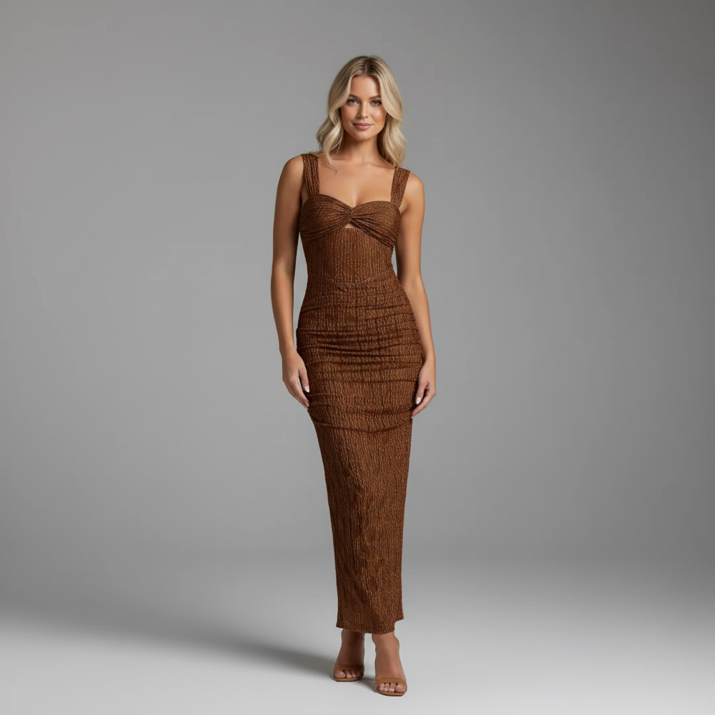 Ruched Mesh Maxi Dress