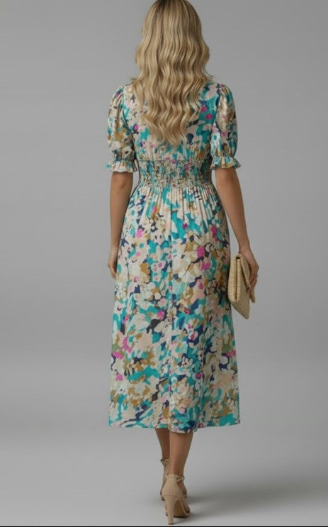 Puff Sleeve Watercolor Midi Dress