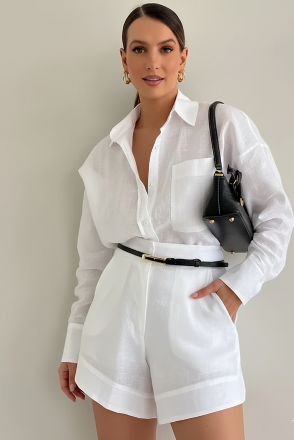 Long Sleeve Button Shirt and Tailored Shorts Set