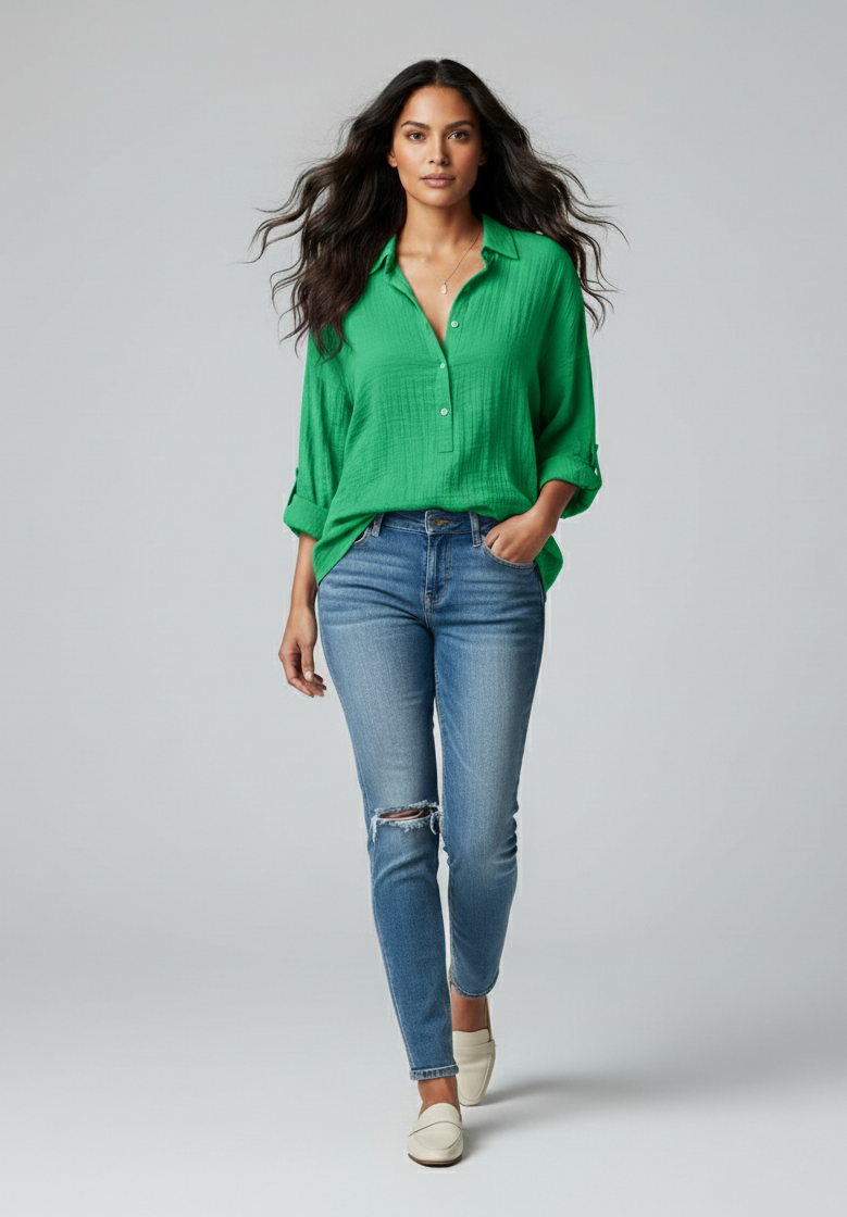 Drape Front V-Neck Long Sleeve Blouse