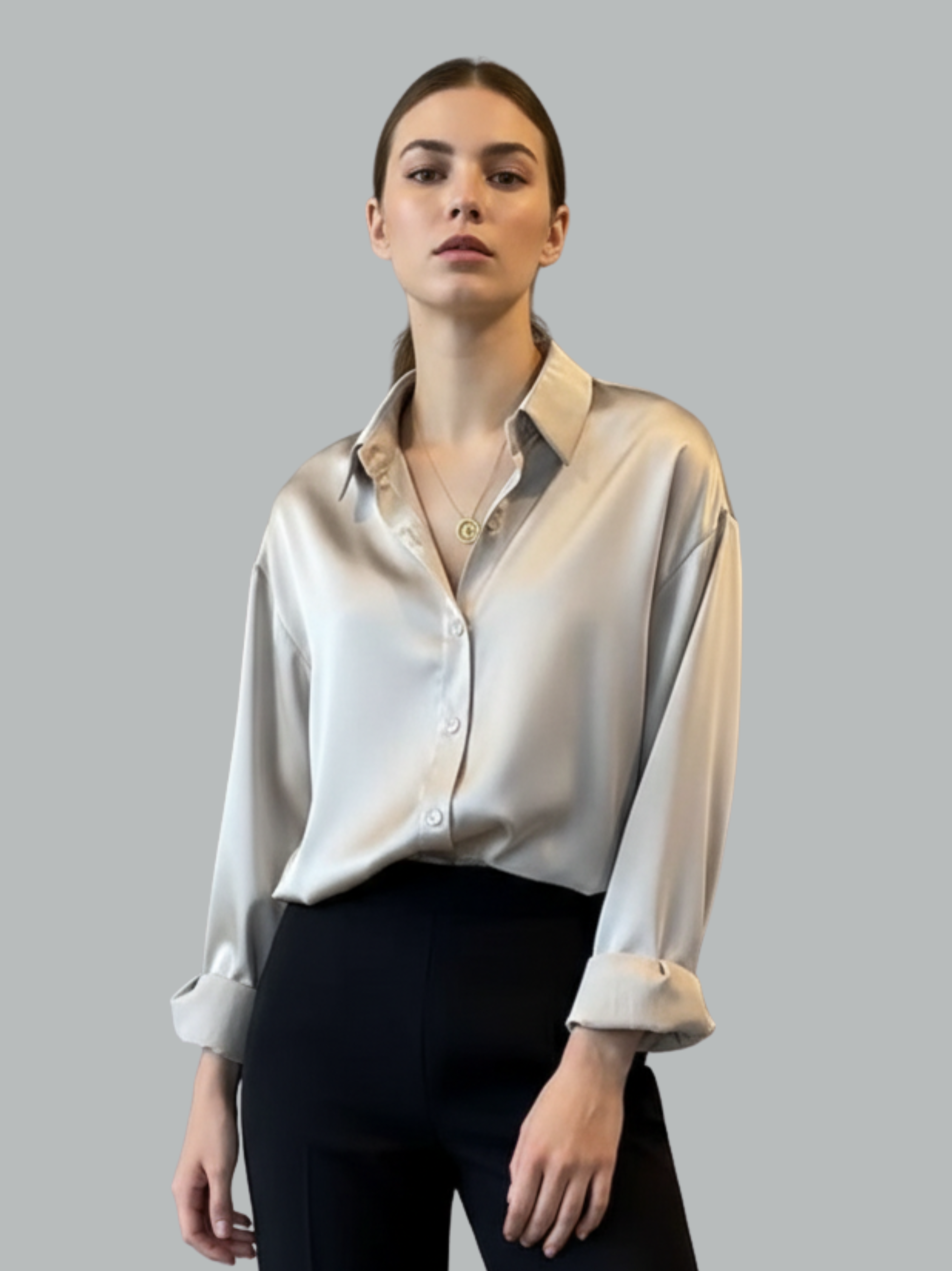 Classic Button Front Long Sleeve Satin Shirt