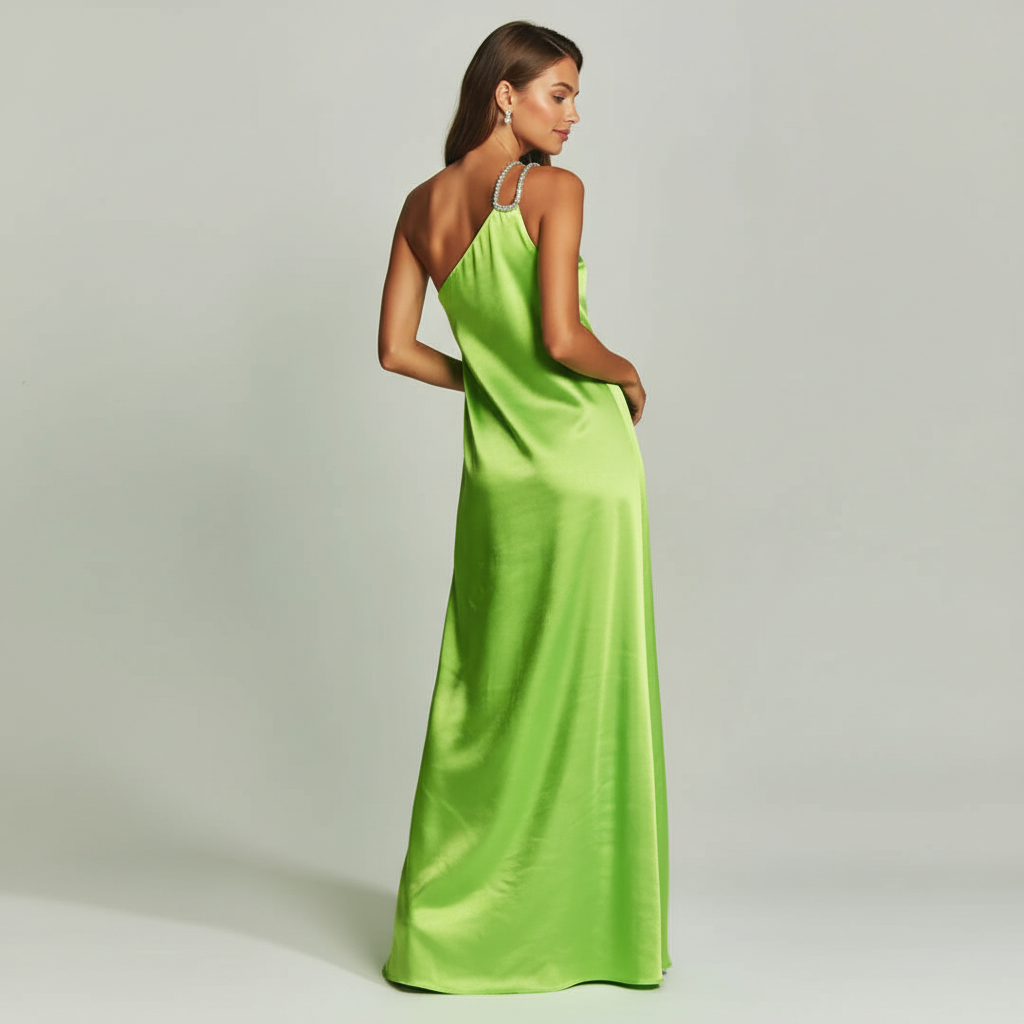Satin One-Shoulder Metallic Maxi Dress