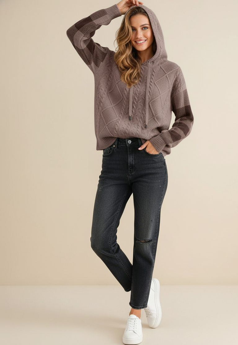 Plaid Sleeve Hooded Knit Sweater