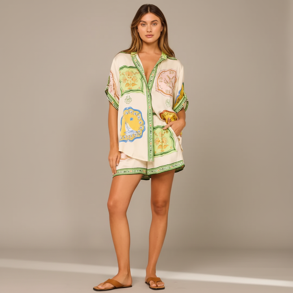 Short Sleeve Button Shirt and High-Waisted Shorts Set