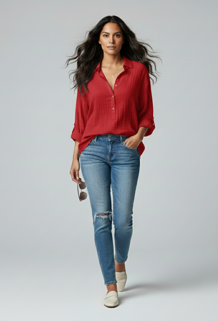 Drape Front V-Neck Long Sleeve Blouse