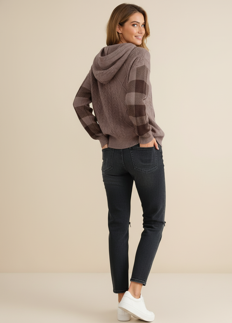 Plaid Sleeve Hooded Knit Sweater