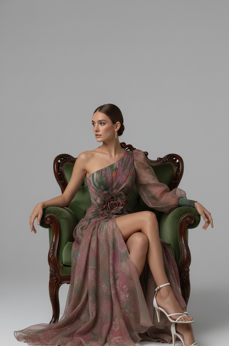 One-Shoulder Floral Tulle Gown