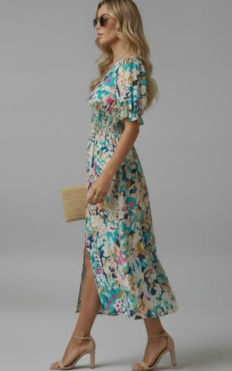 Puff Sleeve Watercolor Midi Dress